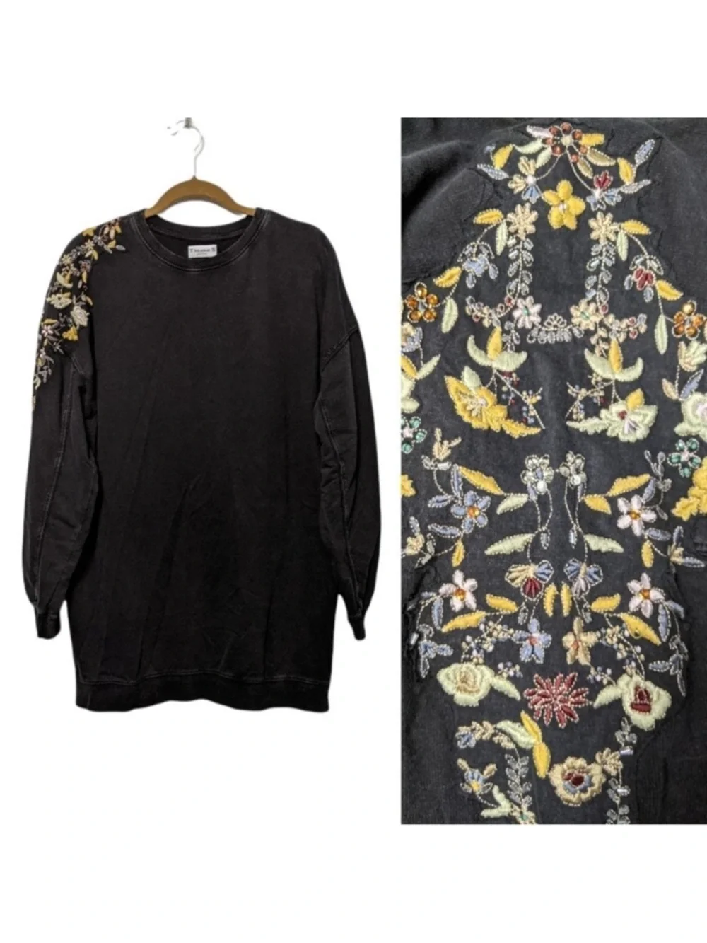 PULL & BEAR Let's Gem Floral Embroidered Sleeve Pullover Top S